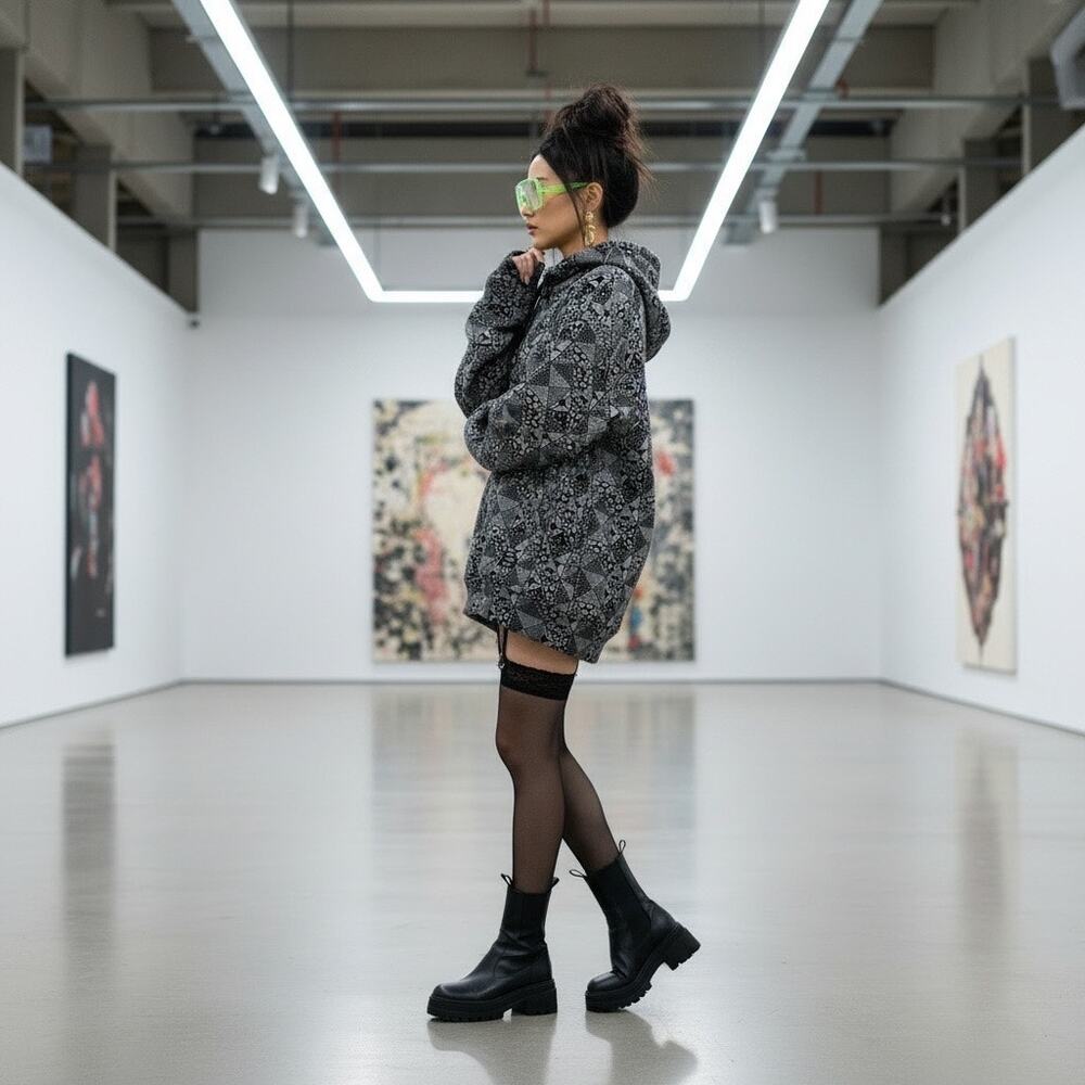 WeSC Mike Bandana Hoodie Dress XXL All Over Print Paisley Black White Minidress